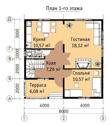 Проект дома 8х8 из бруса в два этажа №28